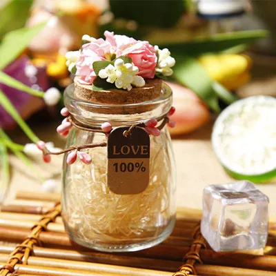 
Party favors glass jars with cork (round) and tag Wedding packing favors 