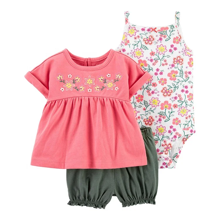 Wholesale 3 pieces baby clothing set newborn sleeveless romper short sleeve pants 3-6 month baby girl clothes