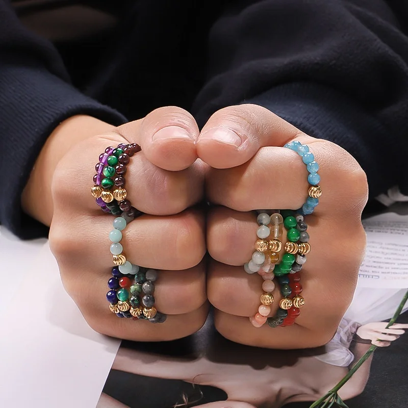 Newest Simple Design 4MM Natural Semi-precious Stone Agate Elastic Beads Ring