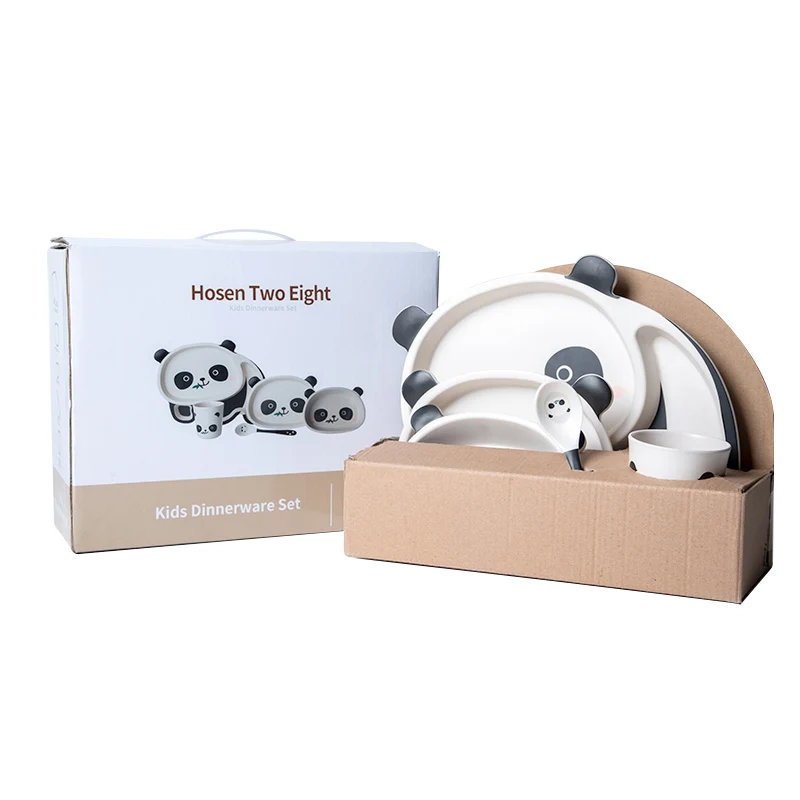 Hosen Two Eight Drop Shipping Customized Durable Bamboo Fiber Kid Tableware Sets Plastic Baby Cup+Plates+Fork+Spoon