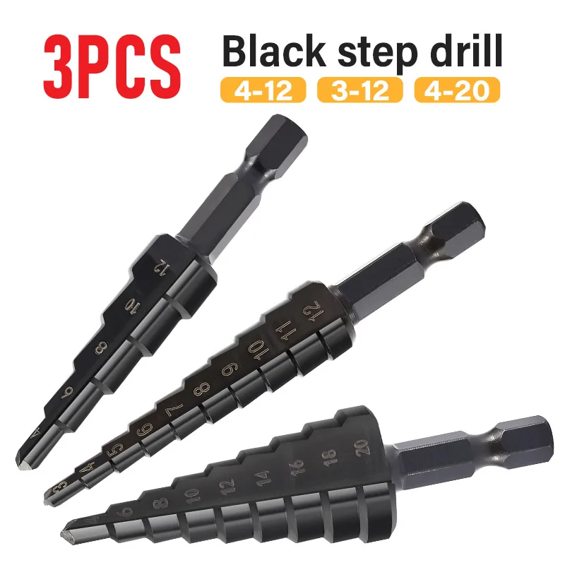 3PCS Quick Change Hex Shank Black Oxide Step Drill Bit Set Drill Bits for Metal Drilling