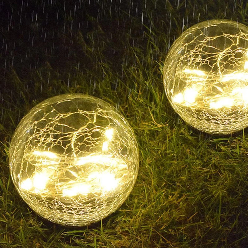 Hot Selling Powered Lamp Outdoor Solar Crack Glass Ball With Garland Inside Pathway Garden Solar Ground Light