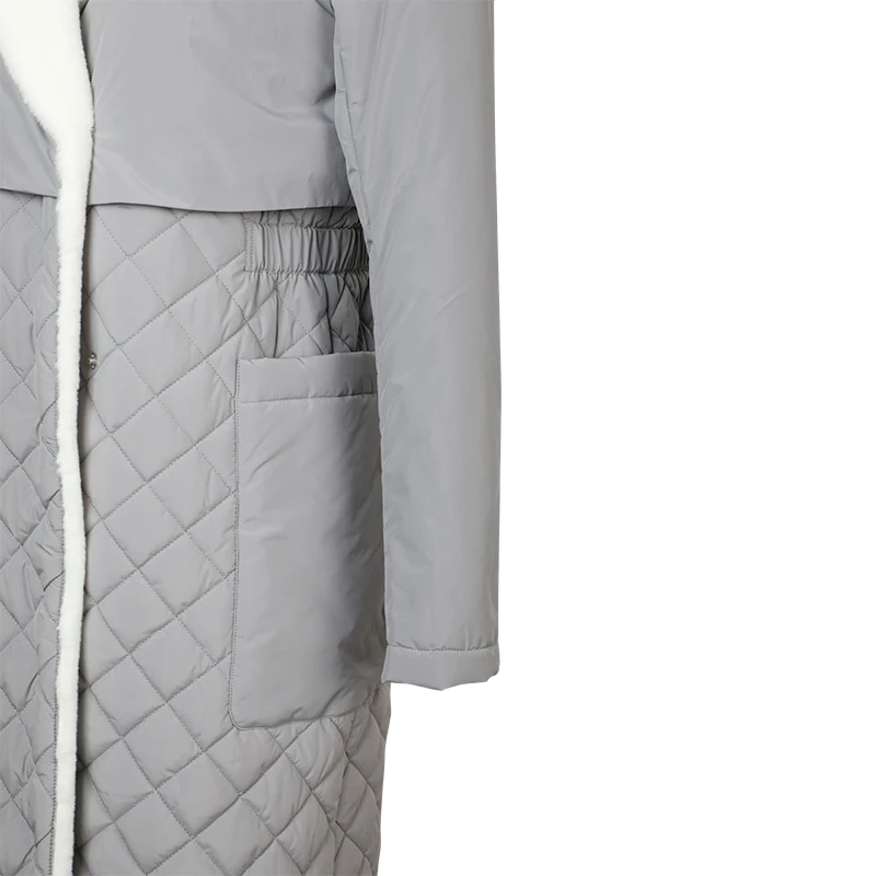 Long straight winter coat with rhombus pattern Casual sashes women parkas Deep pockets tailored collar stylish outerwear