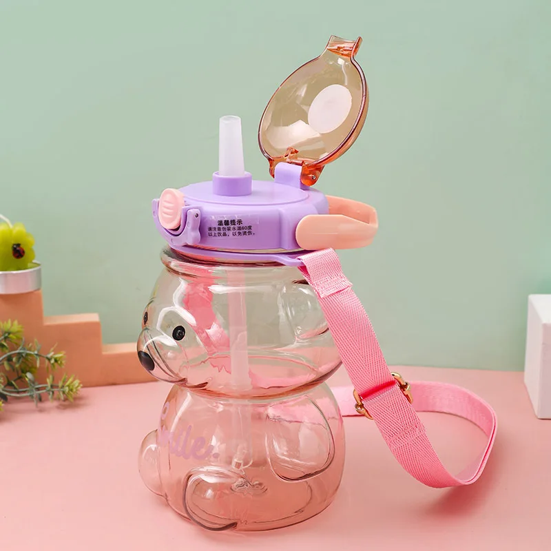 1l Large Capacity Plastic Bear Water Bottle With Straw Strap For Children Portable Water Kettle For Girl