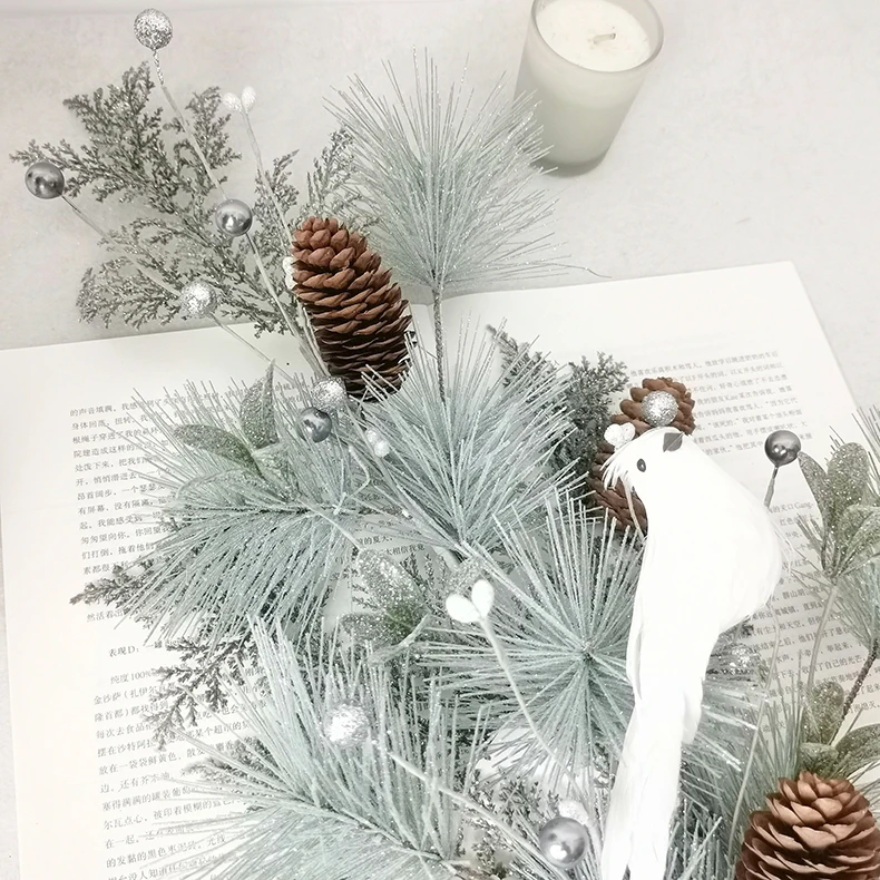 Christmas plastic blue glitter pine needle pick long stem with artificial white feather bird Christmas picks