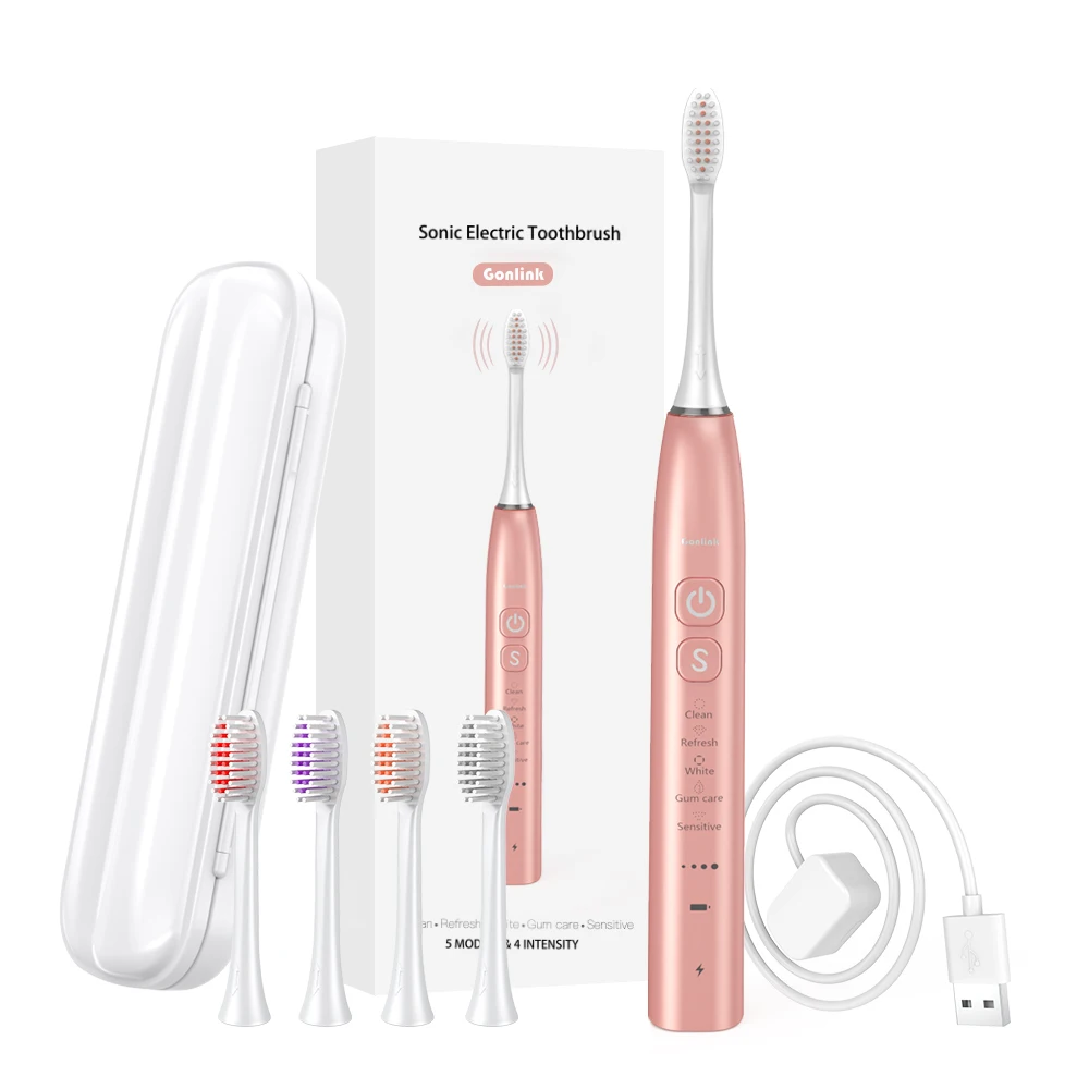 Custom Gonlink-Pro19 Smart Travel Rechargeable IPX7 Waterproof Wireless Sonic Electric Toothbrush With 4 Replacement Brush Heads