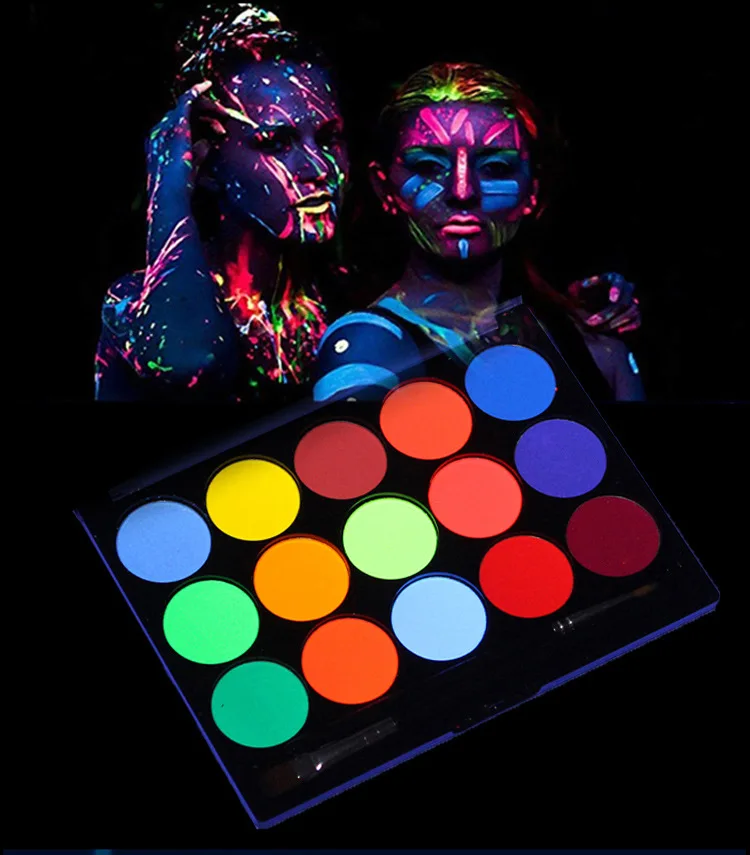 15 color Glow UV Artist use body paint face palette with stencils Water Activated Aqua Cosmetic Eye Liner Make Up Palette