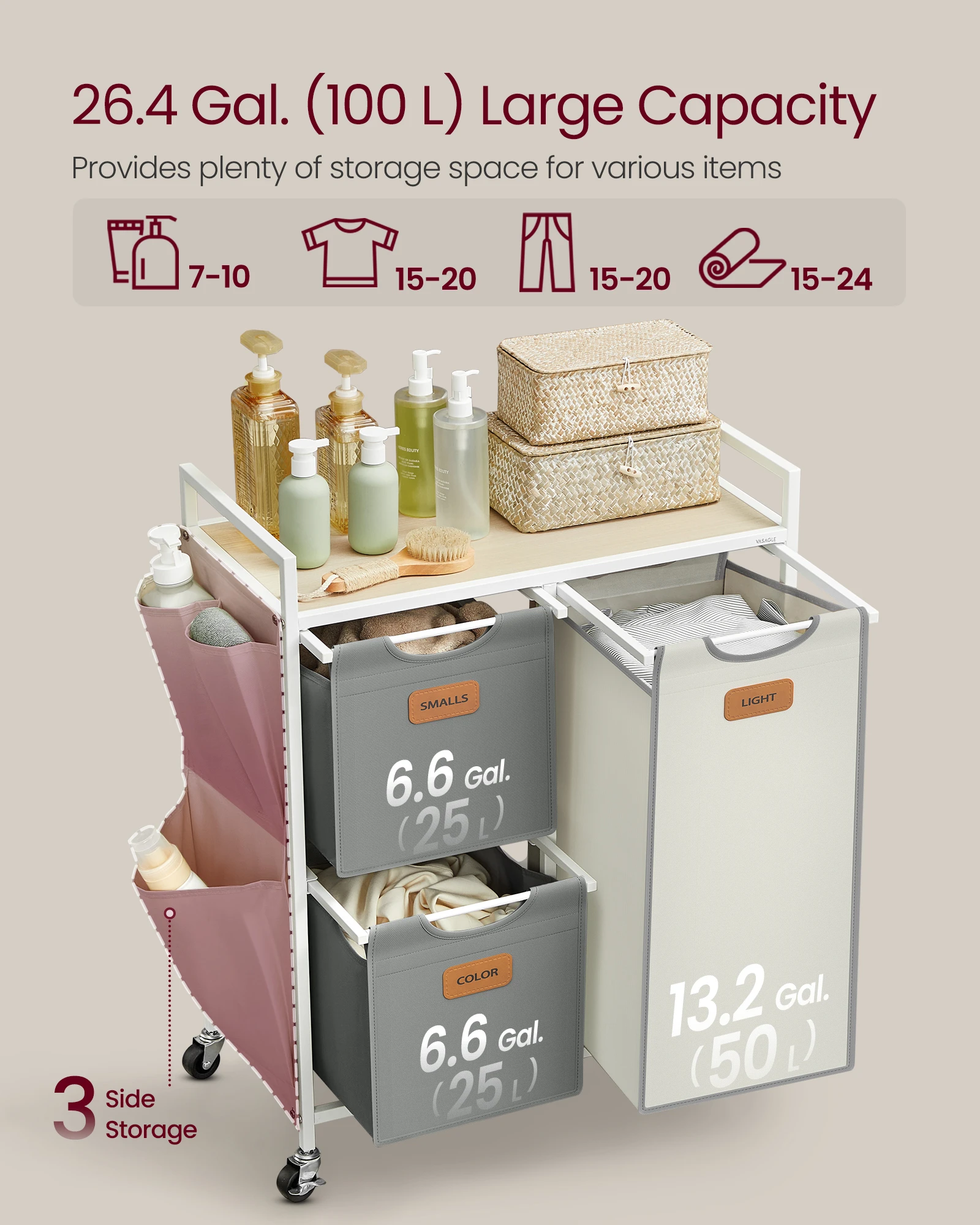 VASAGLE Laundry Trolley with Shelf 6 Labels 3 Compartments Laundry Hamper with Small Side Pockets Laundry Basket