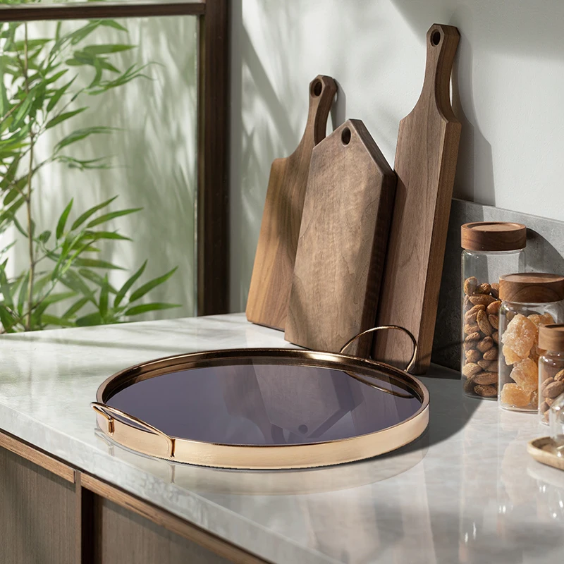 Luxury round metal vanity wine serving trays vintage gold brown glass Indian mirror trays for home and hotel table decorative