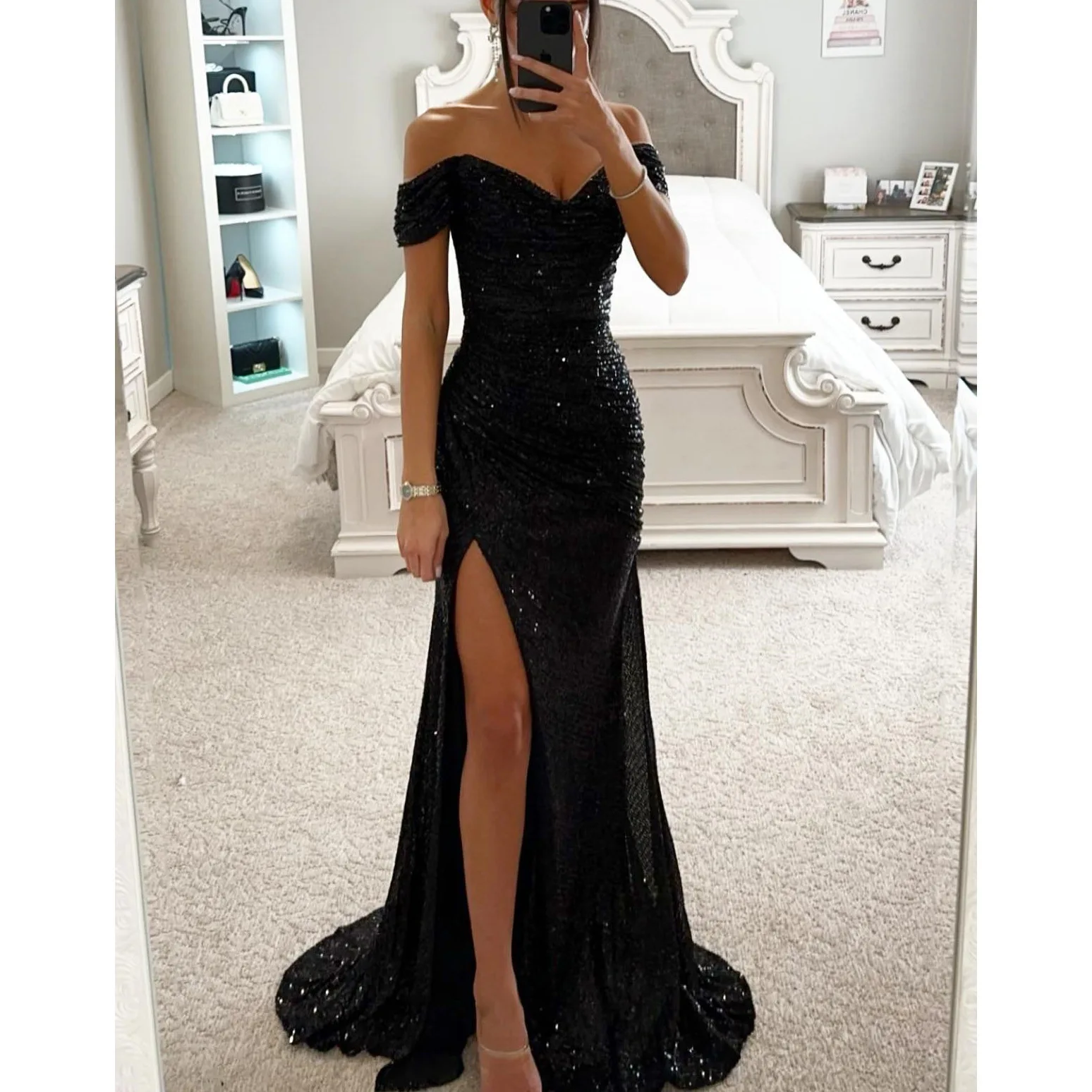 European And American New Party Sequin One Line Neck Split Wedding Guest Dresses Collar Slit Ins Casual Fashion Dress For Women