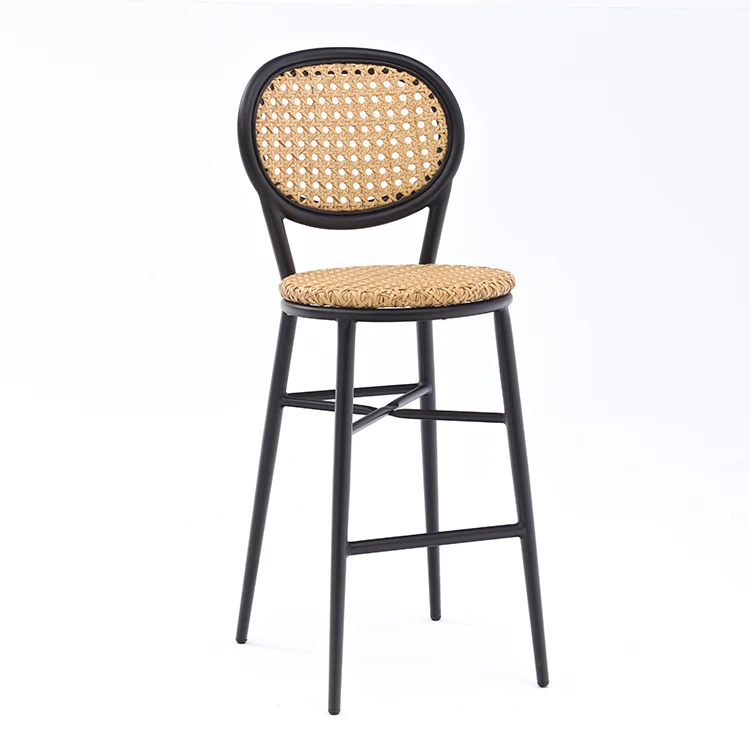Outdoor Furniture Rattan Wicker High Bar Chair Modern Stacking Cafe Shop Restaurant French Bistro Rattan Metal Bar Stool Chair
