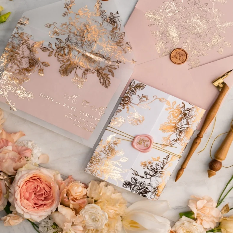 Pink Wedding Invitation Card Gold Foil Printing with Translucent Vellum Paper Wrap