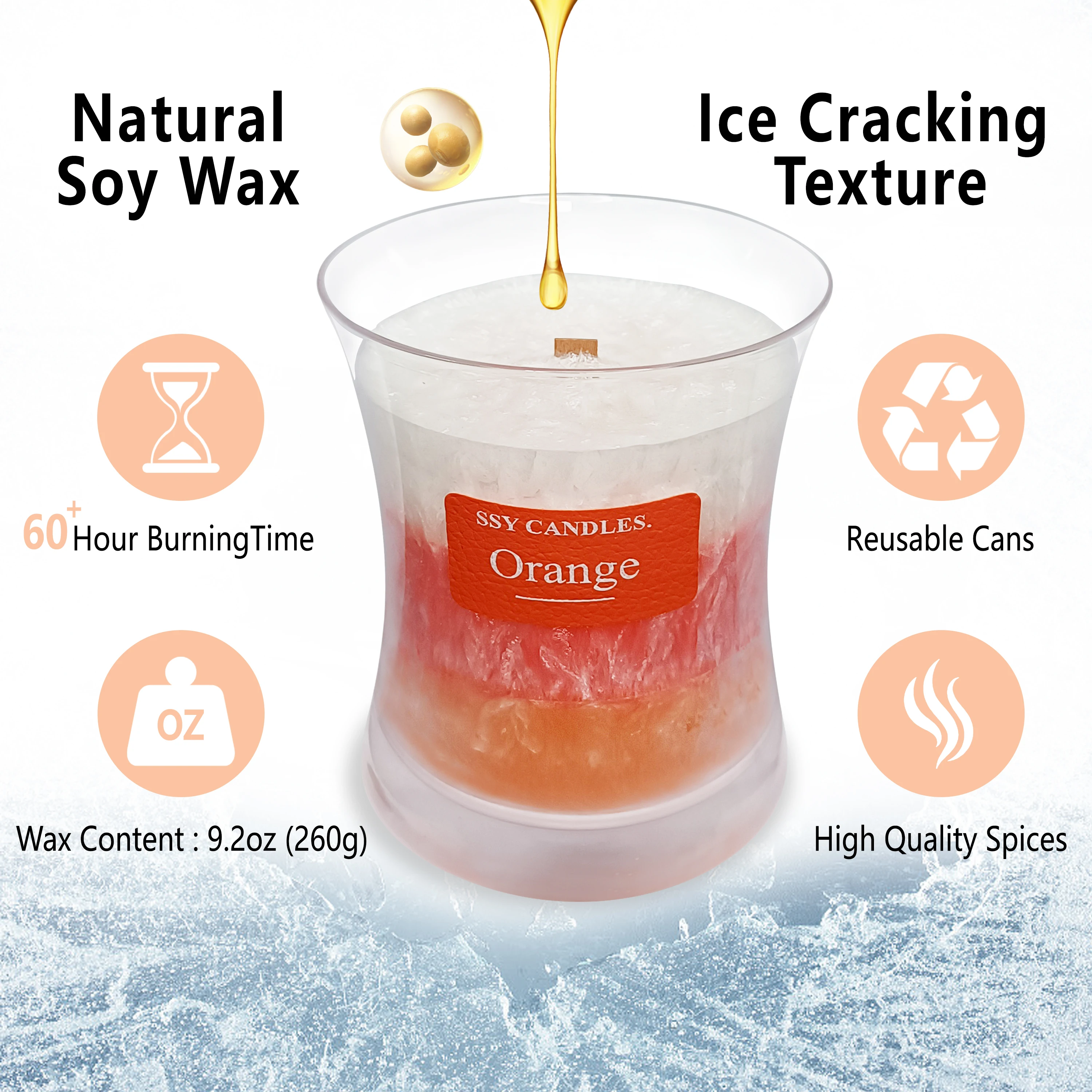 Orange Scented Candles Pure natural soy wax Natural wood core Pure handmade aromatherapy cup wax Exclusive ice crack texture