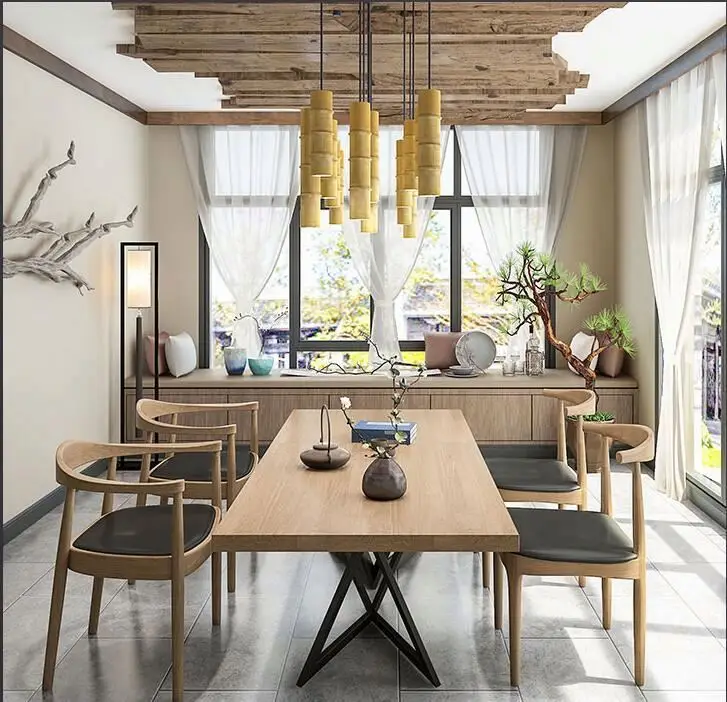 American Style Solid Wood Long Dining Table Set With 6 Chair