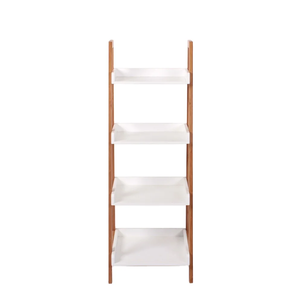 2021 customized ladder shaped multifunction bamboo rustic wood shelves