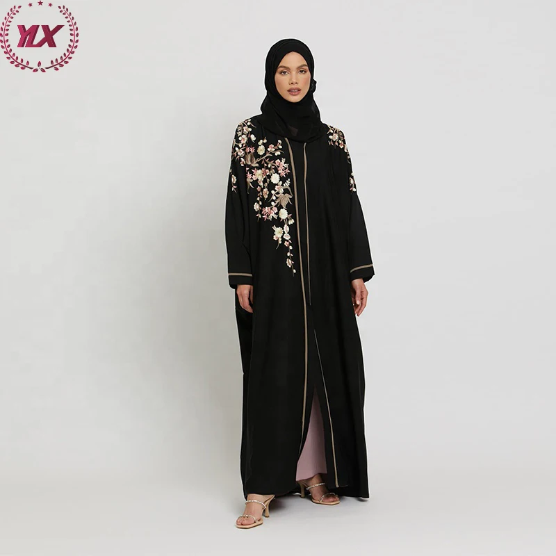 Women Dubai Muslim Dress New Turkey Dresses 2023 Summer Black Floral Embroidered Open Modest Abaya Islamic Clothing Women