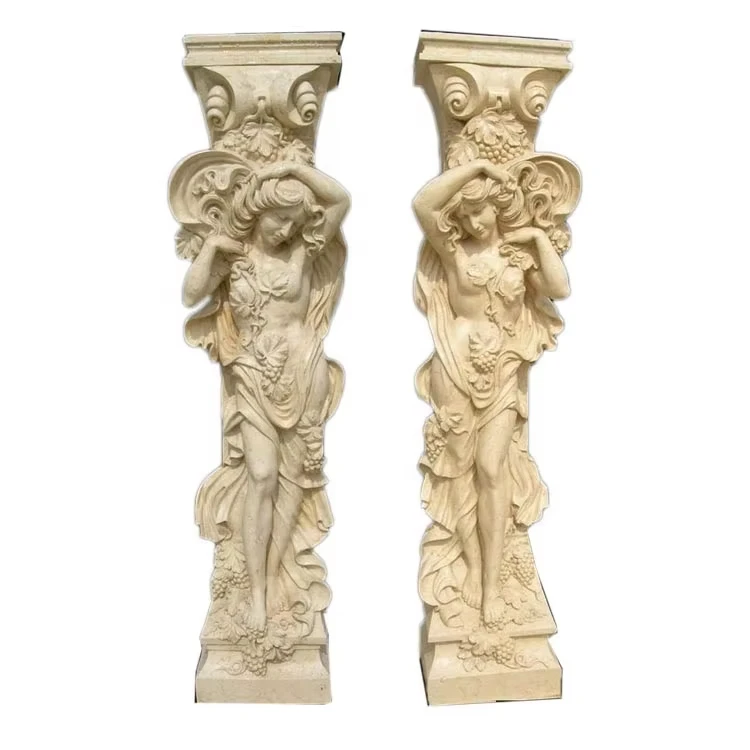 Outdoor Ldeal Arts Decorative Marble Pillars And Columns With Woman Statue Marble Woman Column