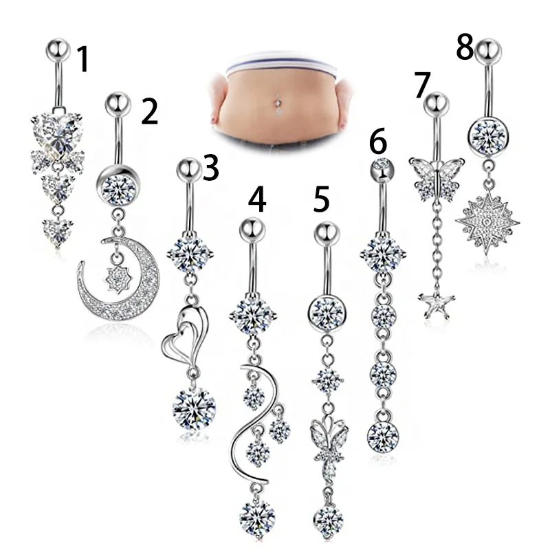 Wholesale 316L Surgical Steel Fashion Crystal Moon Dangle Navel Piercing Belly Button Rings Body Jewelry Piercing