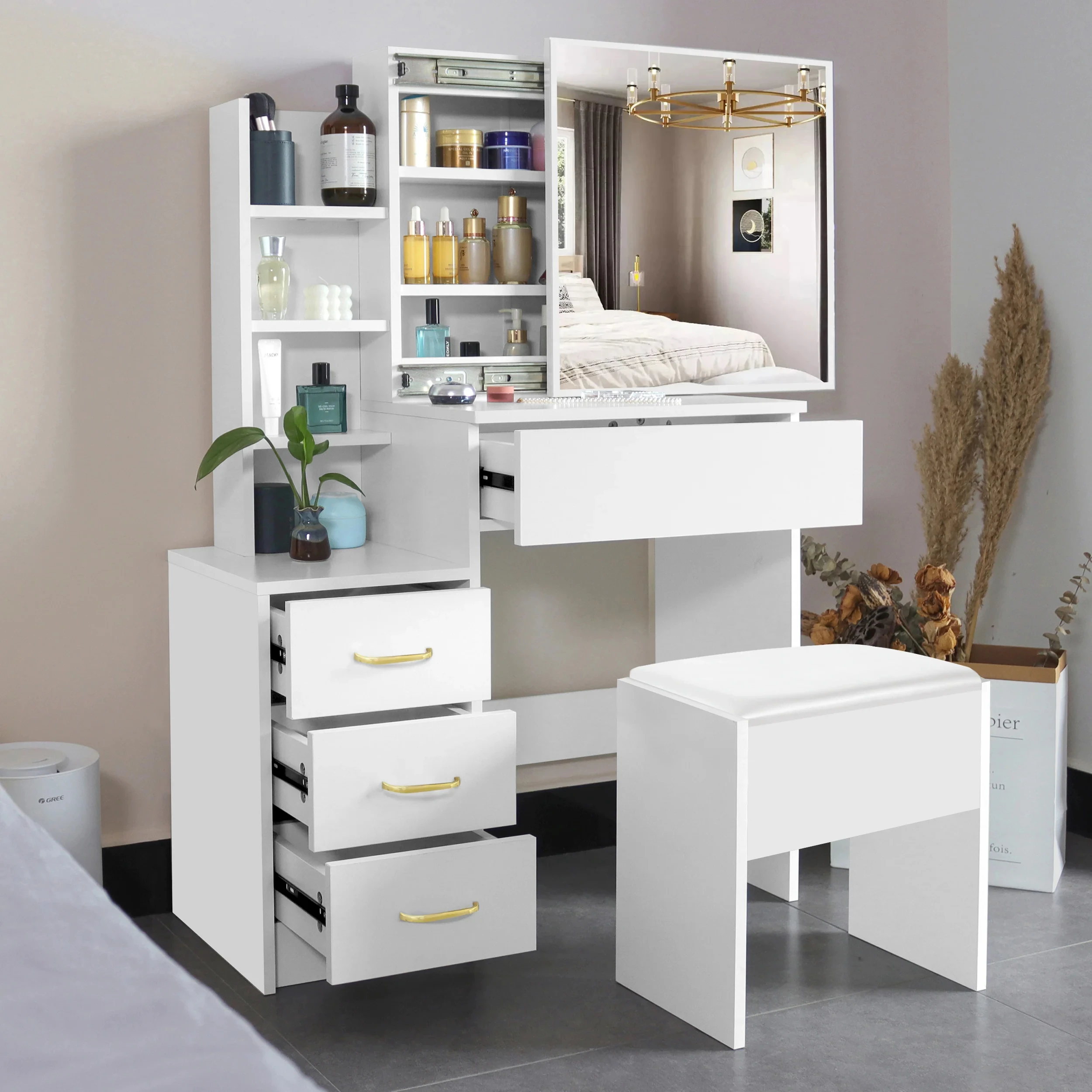 Modern Luxury White MDF Bedroom Makeup Vanity Vanities Furniture Sliding Mirror Drawers Storage Dressing Table Stool for Bedroom