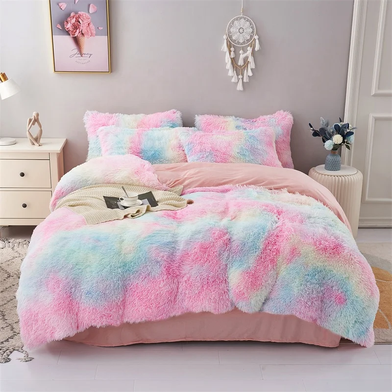 Luxury Winter Fluffy Duvet Cover Bedding Sets Bedsheets 100% Polyester Bed Comforter Set Rainbow tie dyeing