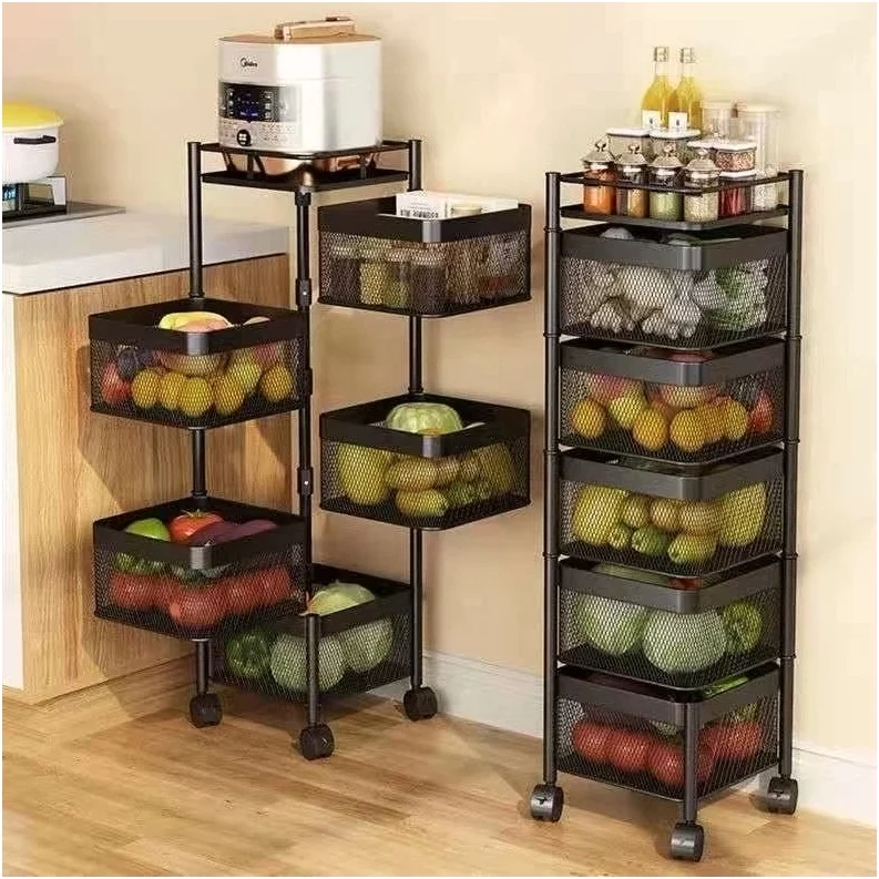 Kitchen storage rotary trolley rack 5 layers of fruit and vegetable basket grid rack wheels storage racks shelving units