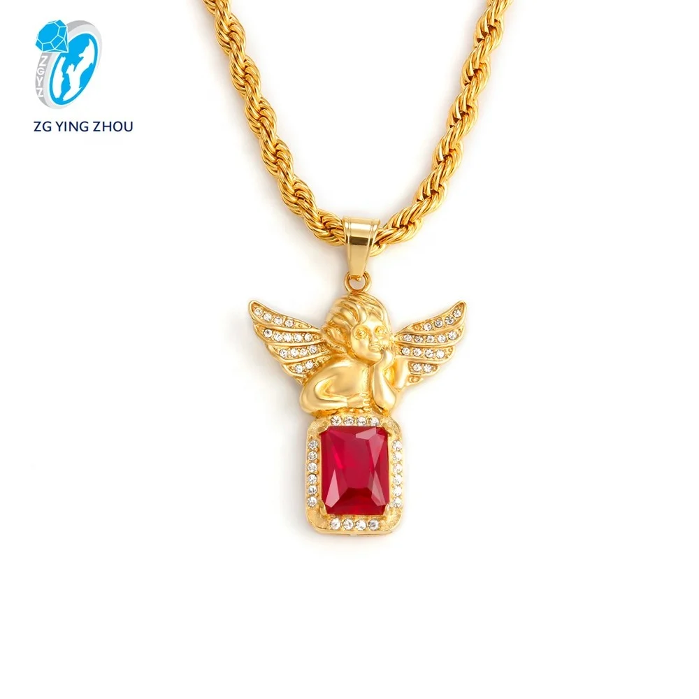 Luxury women man jewelry accessories zircon gold angel pendant necklace