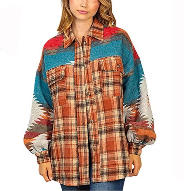 Women Fashion Button Pocket Woolen Coat Stylish Western Ethic Aztec Print Plaid Patchwork Jacket