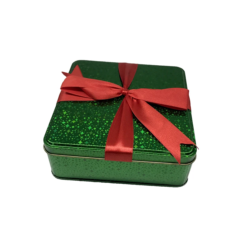 Hot Sale Laser Printed Effect Metal Package Box For Gift Custom Unique Film Cover Printing Square Tin Box With Bow Ribbon