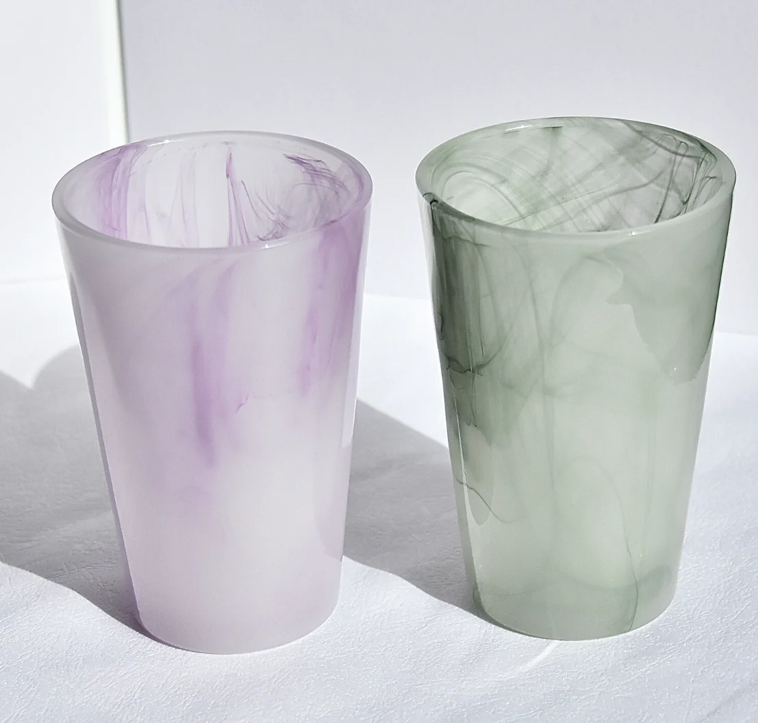 Custom Swirl Opal Colored Glass  Candle Jars empty art pattern milk water glass cup Chinese Jade colorful glasses tall tumbler