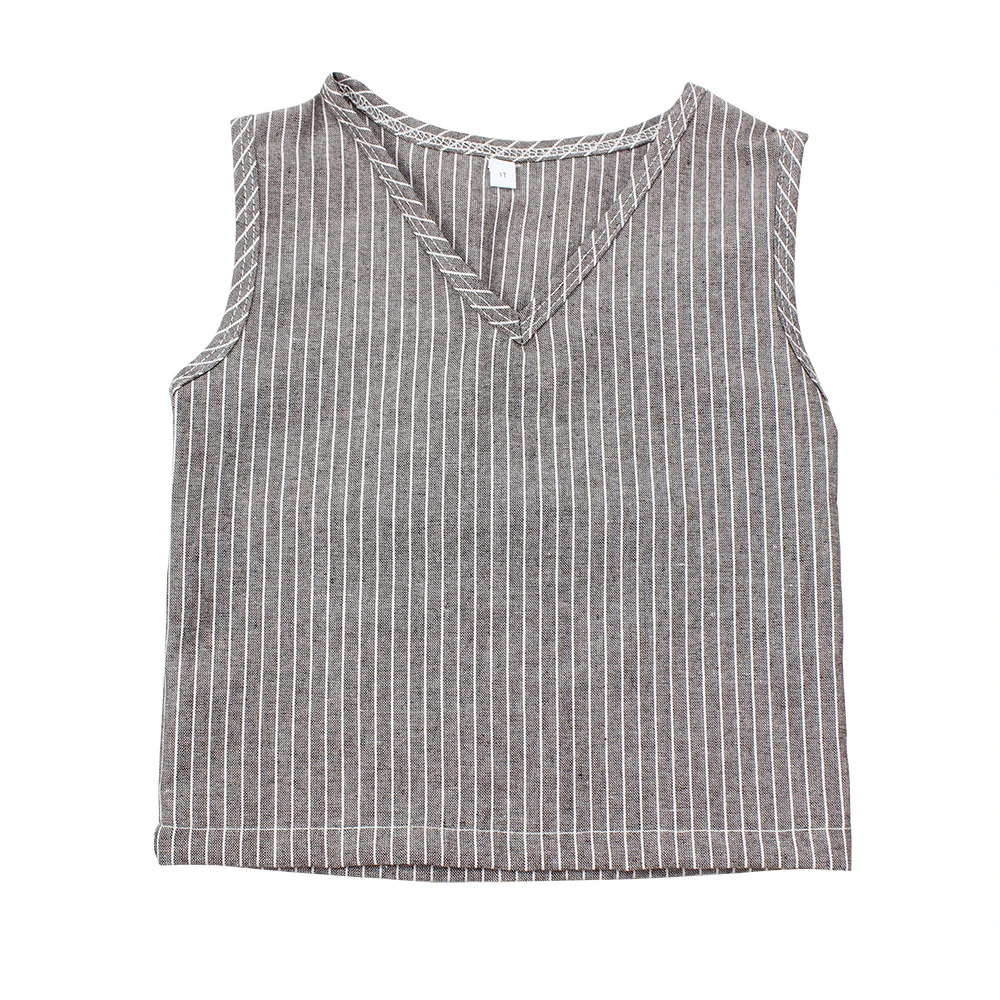 
New collection customized design linen striped boy shirt children clothing V-neck baby sleeveless tops 