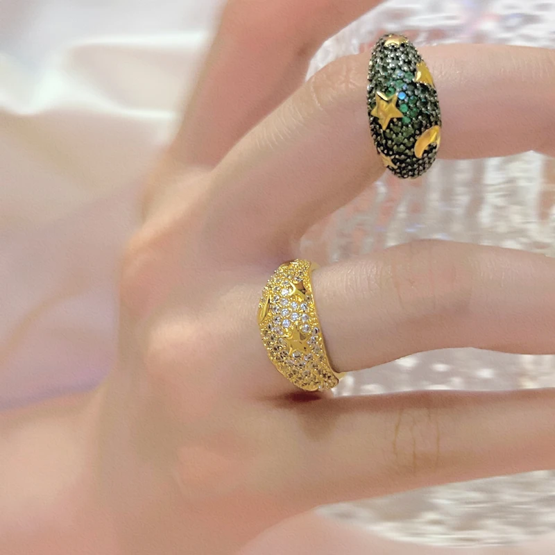 Moon Star Zirconia CZ Women Finger Chunky Band Rings 18K Gold Plated Ring Jewelry Accessories