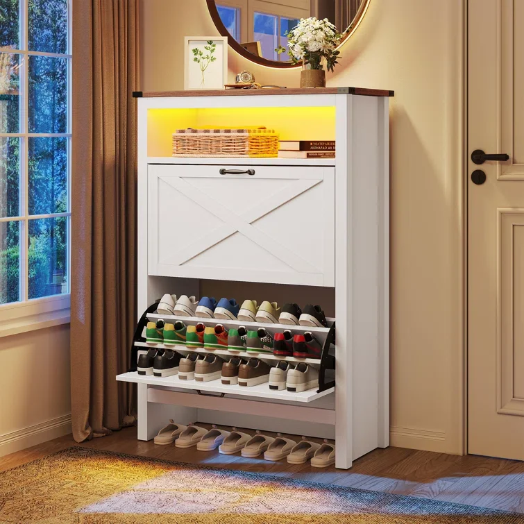 Super Thin MDF Solid Wood Shoe Cabinet Tipping Bucket Type Shoe Frame Space-Saving Porch Doorway Furniture for Home Use