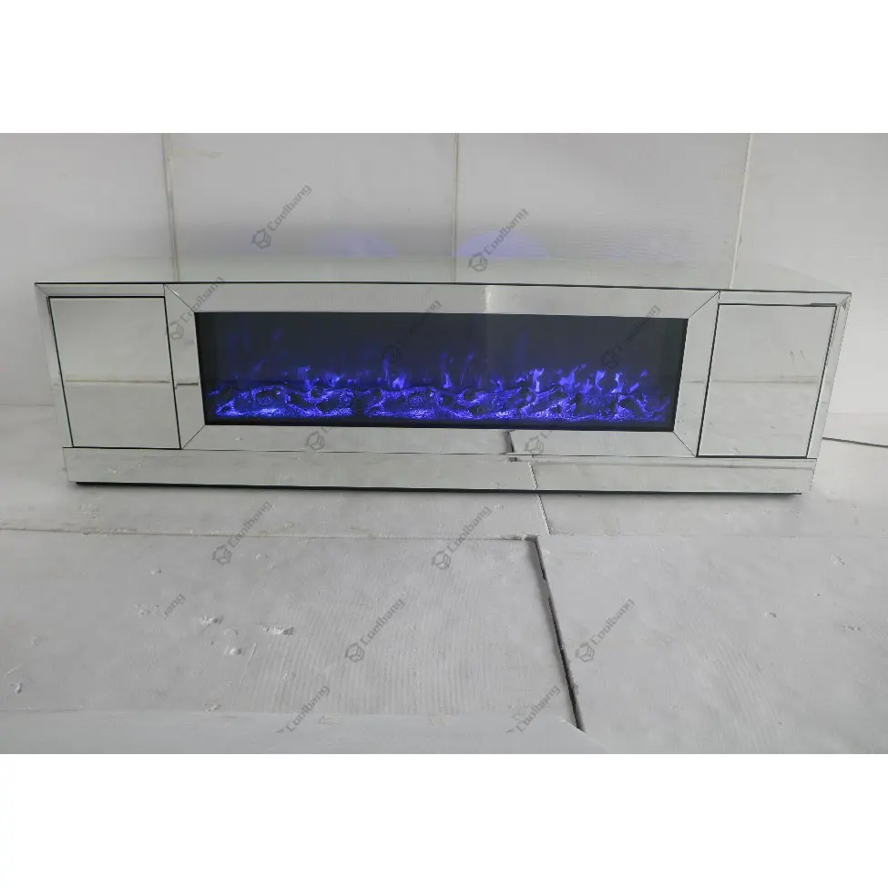 Modern Mirrored Crushed Diamond TV Stand Cabinet With Multi Color Fireplace