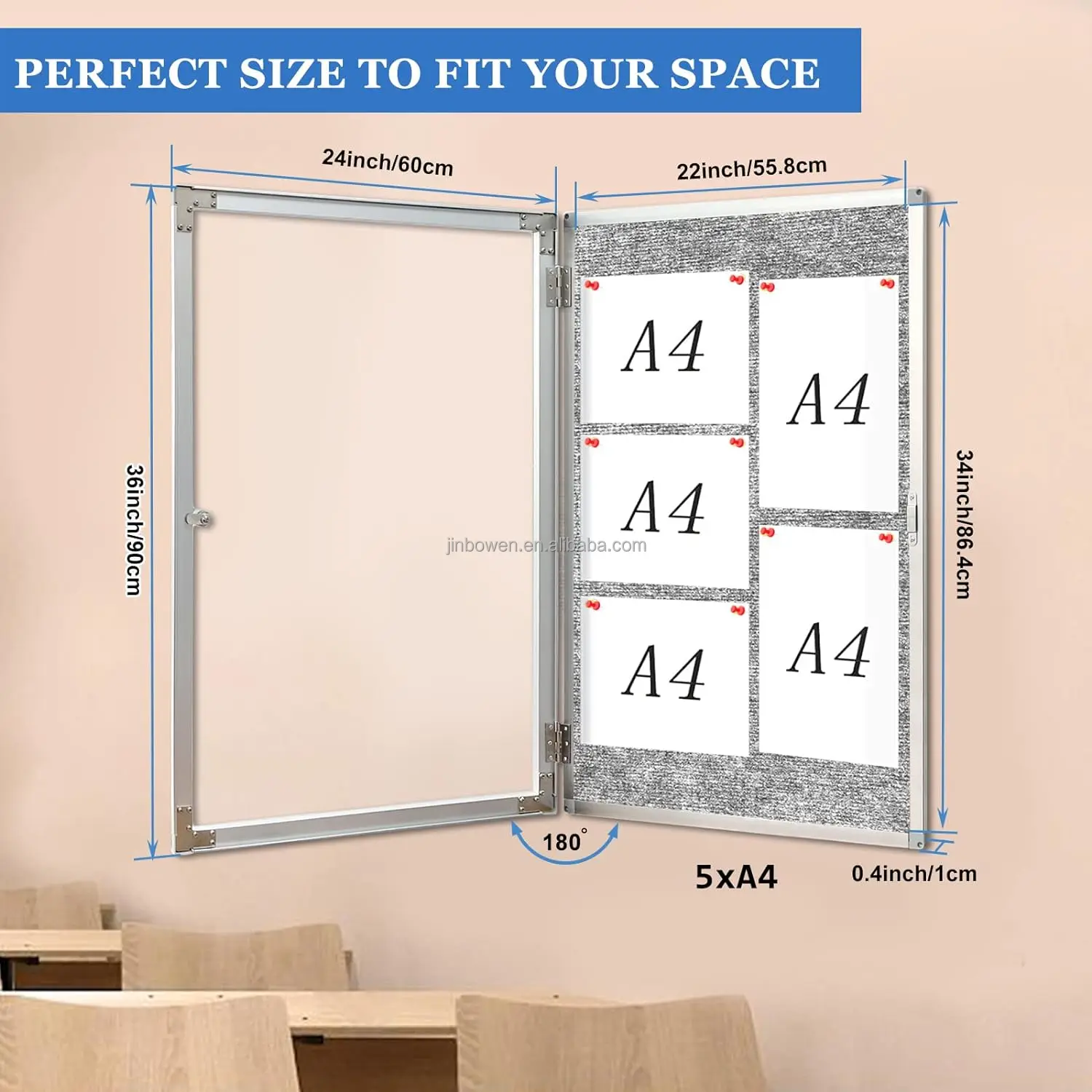KBW 36x24 inch School Office Hotel Enclosed Bulletin Pin Fabric Boards Tamperproof Notice Case for Message Memo Photo Grey