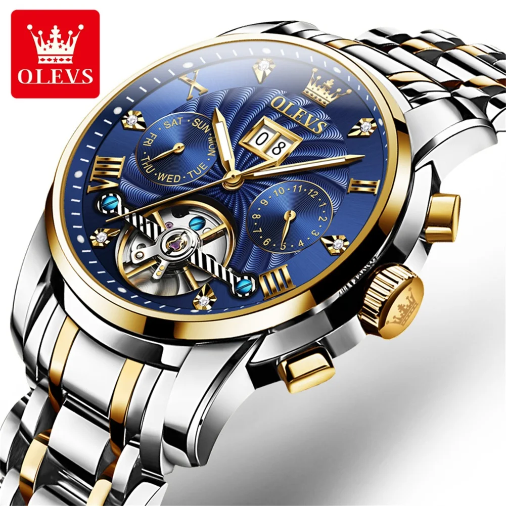 Olevs 9910 sports automatic tourbillon slef wind luxury waterproof metal classic cool stainless steel luminous Date Men Watch