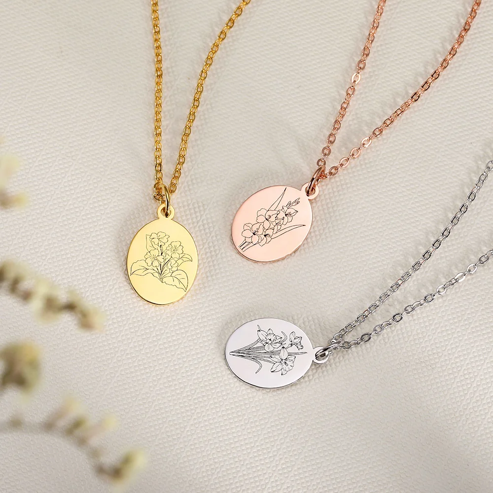 Personalized 18K gold plated 925 sterling silver birth flower engraved pendant necklace for girls