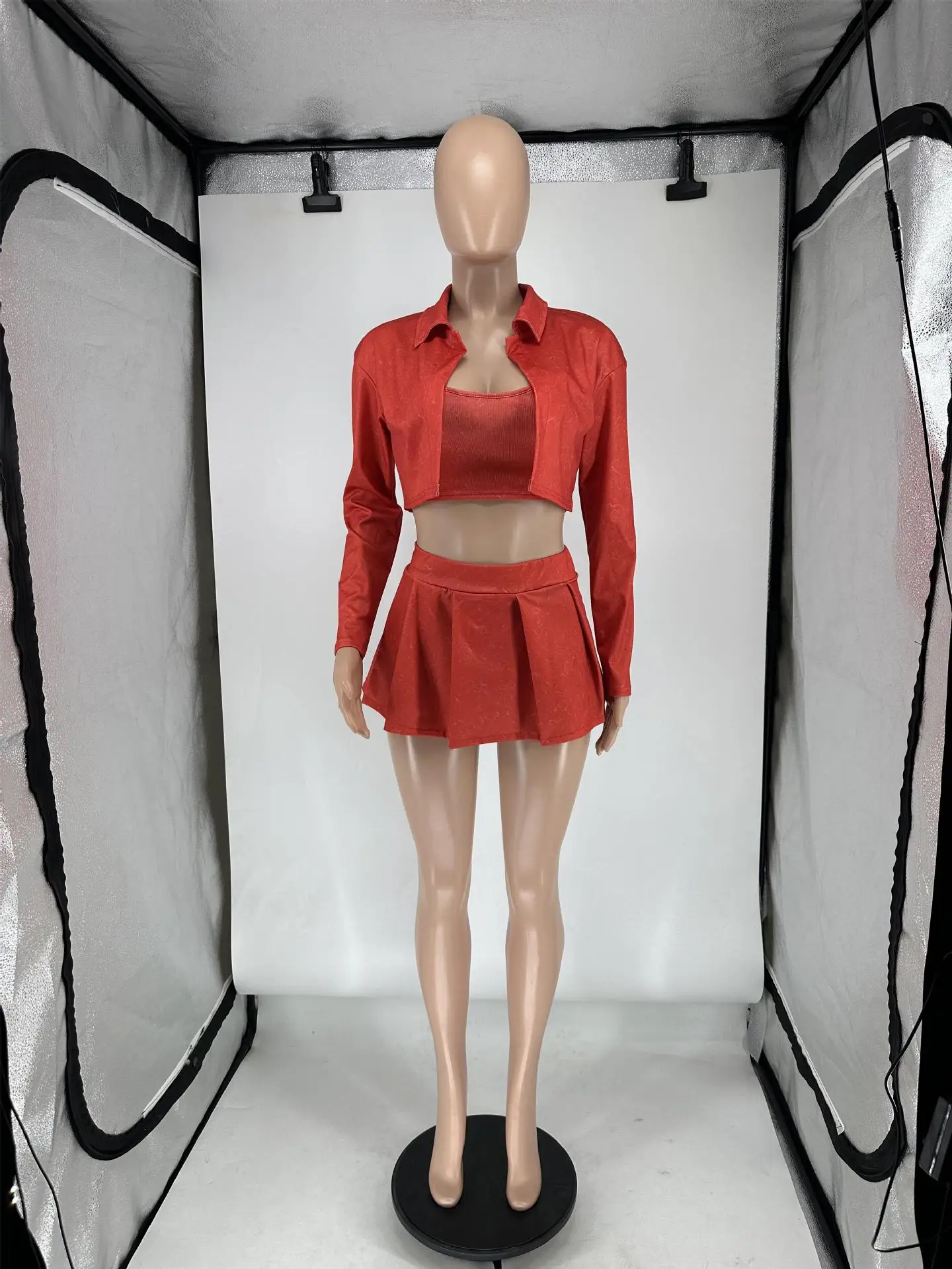 2024 trendy 3 piece set  vest + crop top shirts with pleated mini skirt 2 piece skirt set