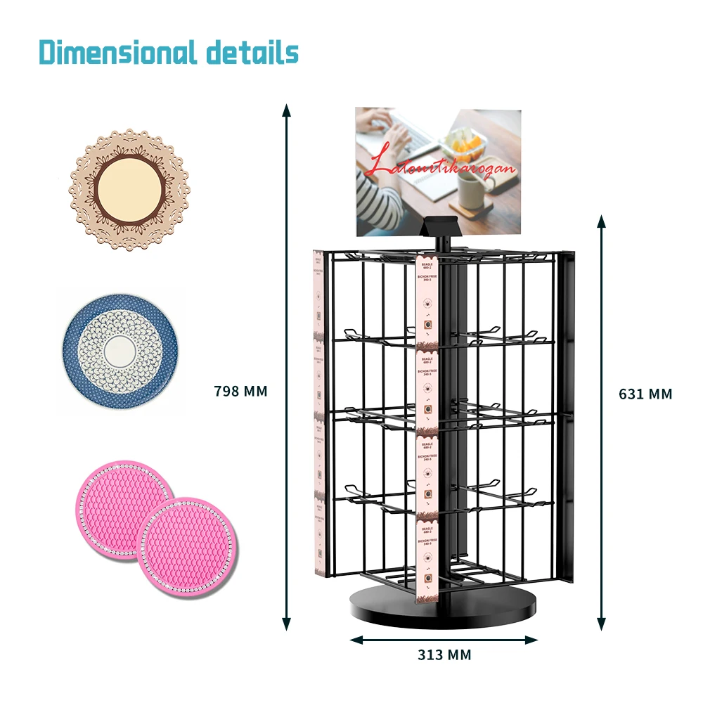 4-Sides Retail Rotating Metal Wire Car Coaster Counter Display Stand with 32 Hooks