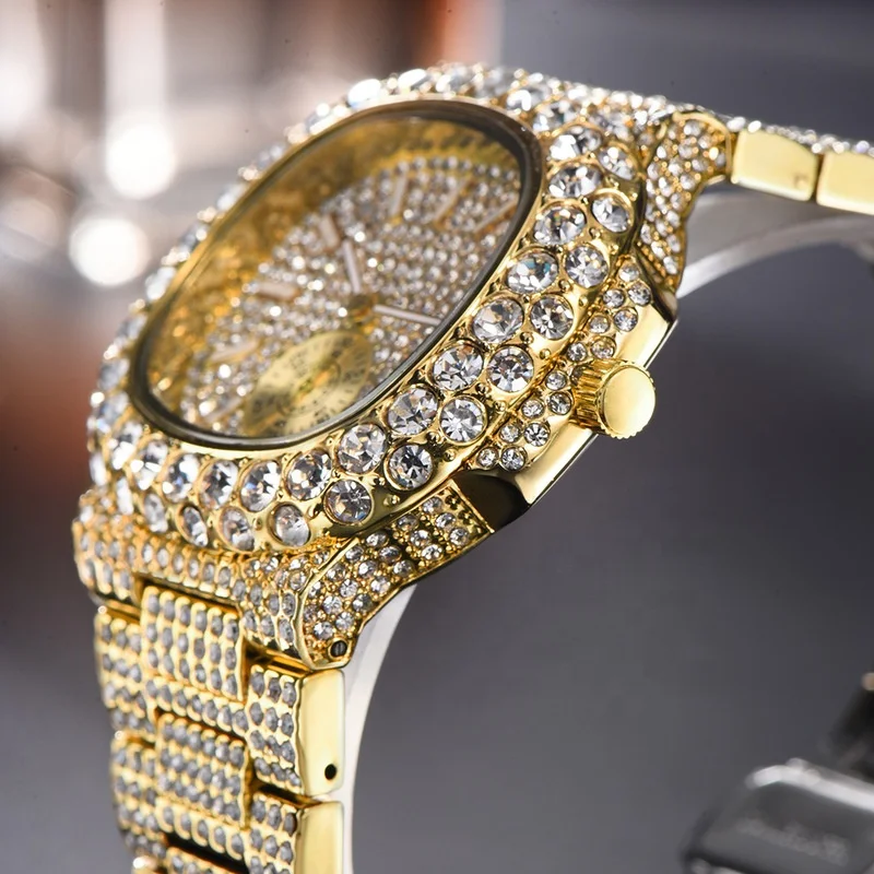 Dr. Jewelry 2022 Luxury 18K Gold Plated Stainless Steel Mesh Luminous Needles Sky Star Full Diamond Men Quartz Watch