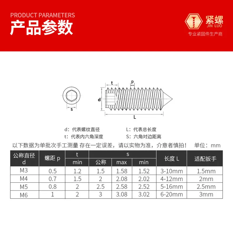 Brass Hexagon Socket Taper End Tighting Screw Copper Headless Tip Machine Meter Top Wire M3M4M5M6