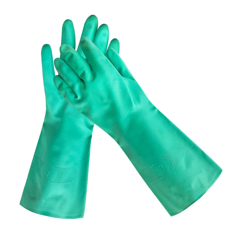 Hot sell Industrial Safety cut glove acid and alkali resistant long cuff green Nitrile coated Gloves