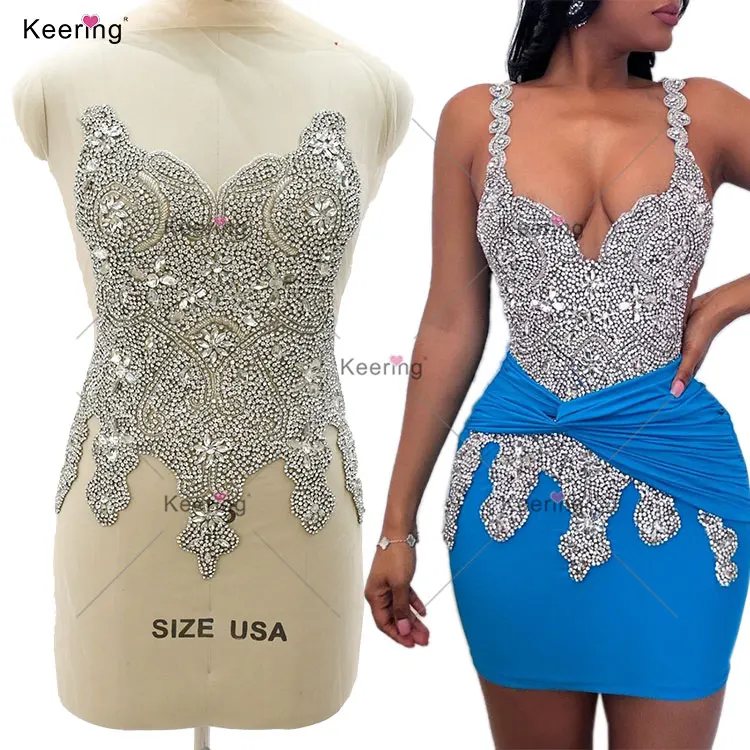 Wedding Dress Crystal Full Stone Strass Rhinestone Sexy Silver Diamond Bodice Dress Patch Applique Crochet Design WDP-534