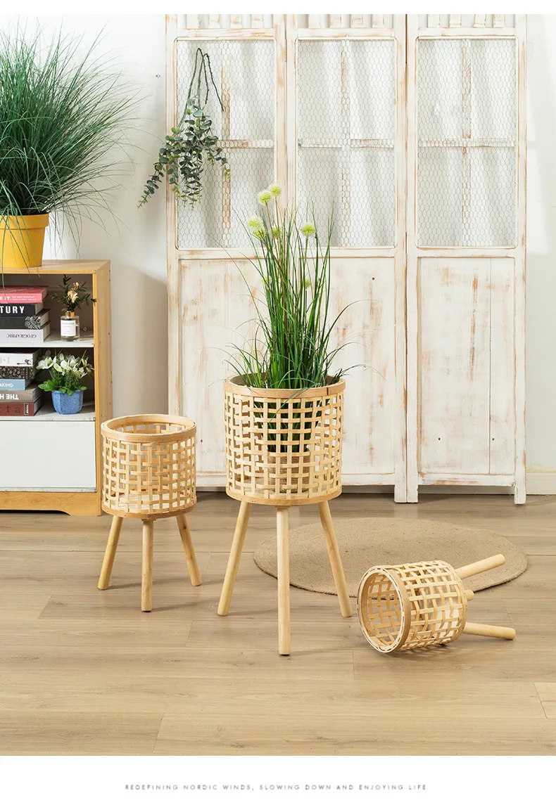 Rattan Flower Basket Bamboo Plant Pots Stand Wicker Planter Basket with Stand Legs for decorating living room, garden, terrace