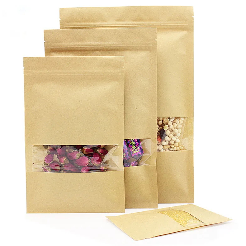 Hot Sell Customized Kraft Paper Self-sealing Bag Nubuck Open Window Food Packaging Bag for Dried Fruit Tea