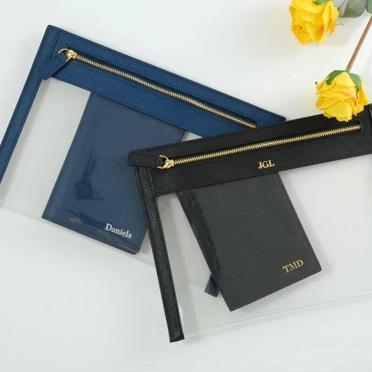 Monogrammed Genuine Leather Clear Travel Cosmetic Pouch Waterproof Flat Zipper Bag Travel Brush Organizer Make Up pouch