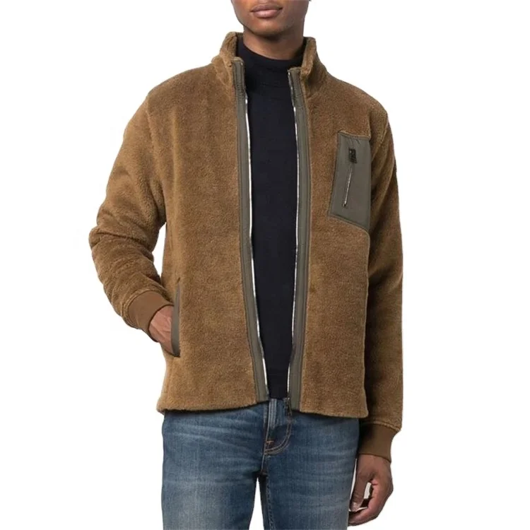 OEM custom logo stand collar  full zip up fleece winter outdoor shearling sherpa jacket for men