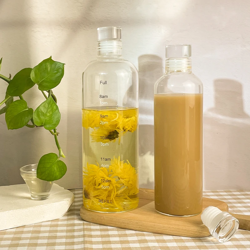 500ml 750ml 1000ml High Borosilicate Clear Glass Drinking Bottle Time Marker Glass Water Bottle With Airtight Glass Lid