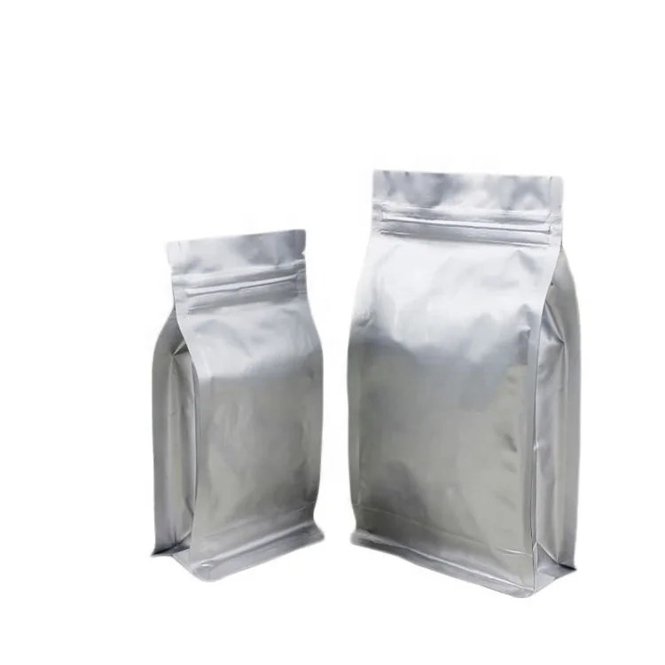 Flat Bottom Pure Aluminum Foil Resealable Zip Lock Silver Food Packaging Box Pouch Bag