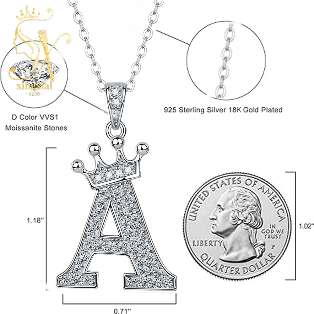 Trendy Women Jewelry Gift GRA 925 Silver 18K Gold Plated Simulated Diamond Crown A-Z Initial Pendant Moissanite Letter Necklace
