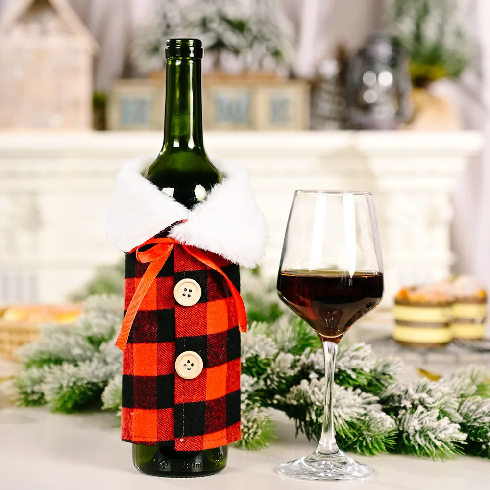 New Christmas Wine Bottle Decoration Lapel Plaid Wine Bottle Sleeve Holiday Party Table Decoration Wine Bottle Sleeve